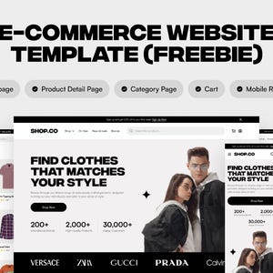 Può includere: Un modello di sito web di e-commerce con il testo "E-COMMERCE WEBSITE TEMPLATE (FREEBIE)". Il design include mockup di siti web per una homepage, una pagina di dettaglio del prodotto, una pagina di categoria, un carrello e un design reattivo per dispositivi mobili. Il sito web presenta abbigliamento.