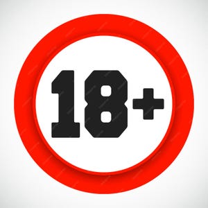 Puede incluir: Un letrero circular con un borde rojo grueso y un centro blanco. Dentro del círculo blanco, el texto negro 18+ se muestra en una fuente sans-serif de estilo bloque. El diseño es plano y gráfico, indicando una restricción de edad.