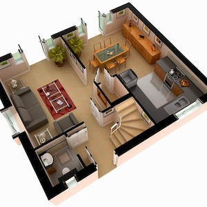 Puede incluir: Una representación arquitectónica 3D del diseño interior de una casa. El diseño incluye una sala de estar con un sofá gris y una alfombra roja, un comedor con una mesa de madera y una cocina con una estufa y un fregadero. El plano de planta también muestra una escalera y un baño.