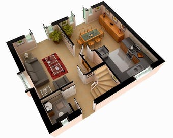 May include: A 3D architectural rendering of a home's interior layout. The design includes a living room with a gray sofa and red rug, a dining area with a wooden table, and a kitchen with a stove and sink. The floor plan also shows a staircase and a bathroom.