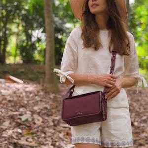 Vegan Crossbody Bag, ECONYL® Recycled Nylon Shoulder Satchel, Sustainable Minimalist Purse, Burgundy Everyday Bag, Ethical Gift for Her