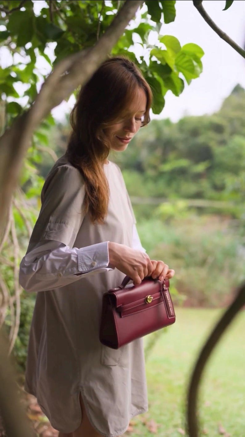 Vegan Cactus Leather Crossbody Bag, Small Burgundy Top Handle Purse, Sustainable Gift for Her image 5