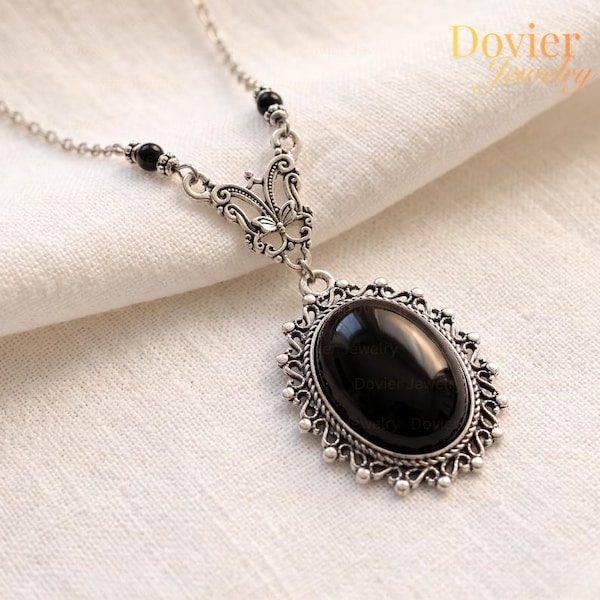 Gothic Black Stone Oval Pendant Necklace, Victorian Style Pendant,Dark Vampire Pendant, Halloween Witch Jewelry, Dark Romance Necklace