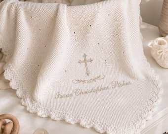 Personalized Christening Blanket, Embroidered Baby Blanket, Knitted Baby Blanket, Baptism Gift, Baby Shower Gift