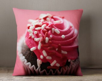 Dorm Decor, Pink Cupcake Pillow Cover, Pillow Cover, Pink Pillow, Cupcake Pillow, Cupcake Home Decor, Gifts for Her, Photo Pillow