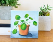 Garden Art, Pilea Original Oil Painting, 6x6 Houseplant painting, Chinese Money Plant Art, Gifts Under 50