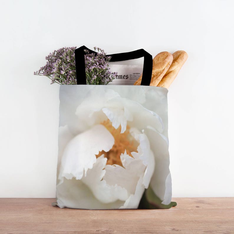 Farmers Market Bag Photo Canvas Bag Reusable Bag White Flower Tote Bag White Peony Photo Canvas Tote Bag Floral Tote bag