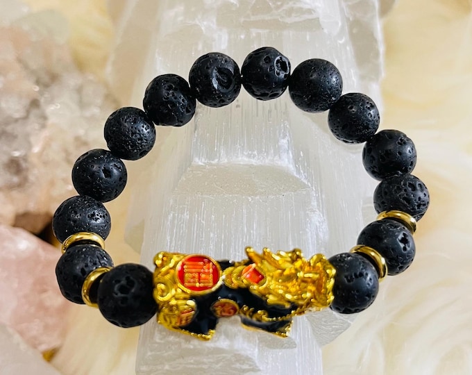 Lava Stone Bracelet (10mm) with Feng Shui Pixiu | Natural Stone | Healing Jewelry | Gift for Her | Feng Shui Bracelet | Authentic Gemstone