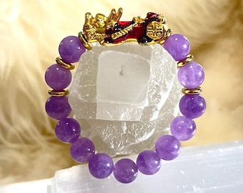 Purple Angelite Piyao | 10mm Natural High Quality Beaded Bracelet with Gold-Plated Pixiu | Luxury Feng Shui Wealth, Protection Jewelry