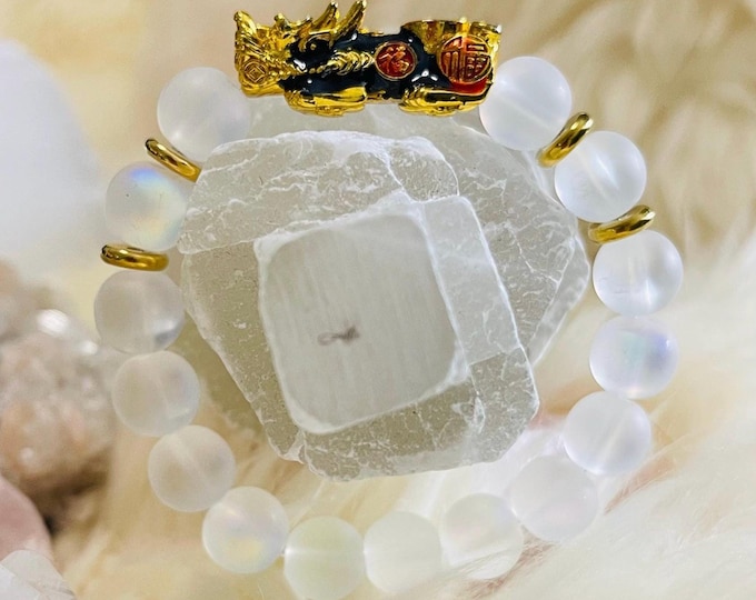 Moonstone Lab-grown Piyao | 10mm Natural High Quality Beaded Bracelet with Gold-Plated Pixiu | Luxury Feng Shui Wealth, Protection Jewelry