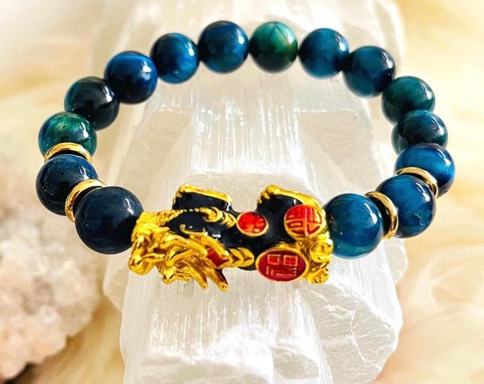 Blue Tiger's Eye Piyao | 10mm Natural High Quality Beaded Bracelet with Gold-Plated Pixiu | Luxury Feng Shui Wealth, Protection, Prosperity