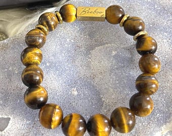 Tiger Eye 10mm Beaded Bracelet | 18K Gold-Filled Accents, Healing Jewelry Gift for Him and Her, Minimalist and Modern Armband