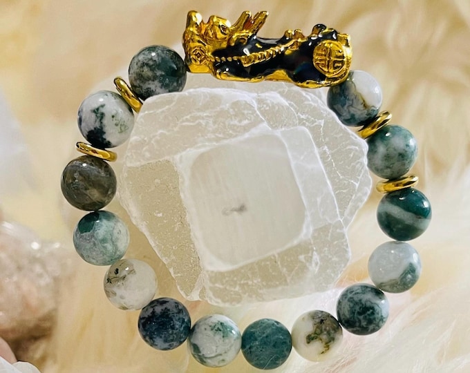 Tree Agate Piyao | 10mm Natural High Quality Beaded Bracelet with Gold-Plated Pixiu | Luxury Feng Shui Wealth, Protection, Prosperity Gem