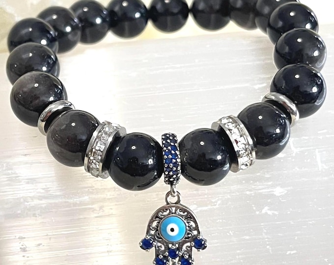 Obsidian 10mm Protection Bracelet, 925 Sterling Silver Hamsa Hand & Evil Eye Charm, Healing Crystal Jewelry Gift for Her