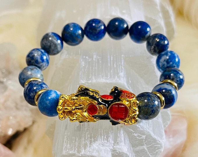 Lapis Lazuli Piyao | 10mm Natural High Quality Beaded Bracelet with Gold-Plated Pixiu | Luxury Feng Shui Wealth, Protection Jewelry