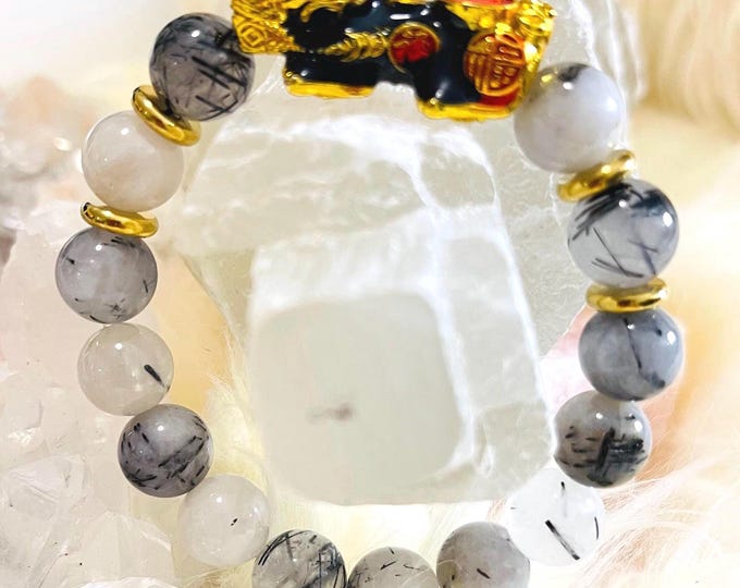 Rutilated Tourmaline Piyao | 10mm High Quality Beaded Bracelet with Gold-Plated Pixiu | Luxury Feng Shui Wealth, Protection, Prosperity Gem