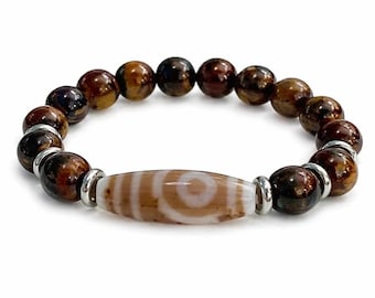 Mystical Tiger Eye Tibetan Dzi Agate Amulet Bracelet 10mm | Stainless Steel Accents | Unisex Talisman for Protection, Luck & Sacred Energy