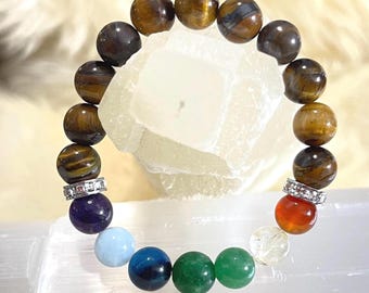 Luxury 7 Chakra Bracelet | Tiger Eye Gemstones with Sparkling Rhinestone Accents | Elegant Spiritual Healing Jewelry Gift