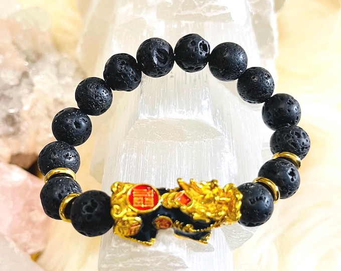 Lava Stone Piyao | 10mm Natural High Quality Beaded Bracelet with Gold-Plated Pixiu | Luxury Feng Shui Wealth, Protection Jewelry