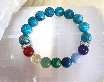 Luxury 7 Chakra Bracelet | High Quality Turquoise Gemstones with Sparkling Rhinestone Accents | Elegant Spiritual Healing Jewelry Gift