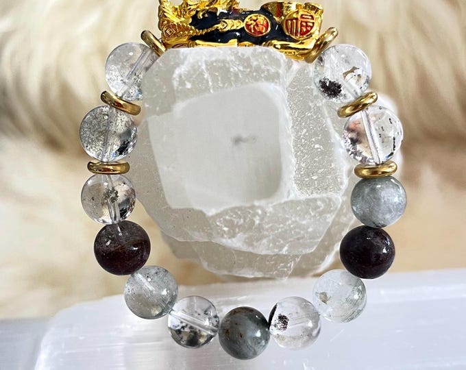 Phantom Quartz Piyao | 10mm Natural High Quality Beaded Bracelet with Gold-Plated Pixiu | Luxury Feng Shui Wealth, Protection Jewelry