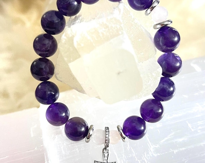 Amethyst Rosary Bracelet, 925 Sterling Silver, Healing Crystal Jewelry