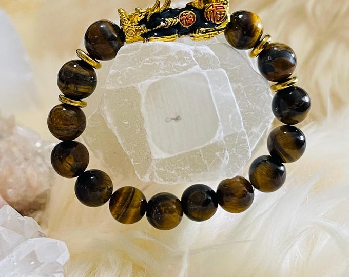 Tiger Eye Bracelet (10mm) with Feng Shui Pixiu | Natural Stone | Healing Jewelry | Gift for Her | Feng Shui Bracelet | Authentic Gemstone