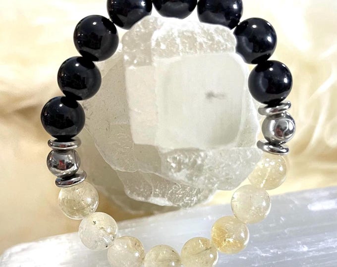 Citrine Onyx Bracelet, Stainless Steel Accent, Unisex Gemstone Jewelry