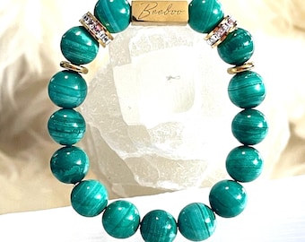 Malachite Gemstone Bracelet | 18K Gold Plated, Natural Stone with Rhinestone | Protection • Transformation • Power