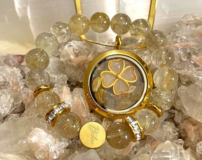 Gemini Zodiac Rutilated Quartz Necklace Bracelet Set, 18K Gold Plated, Rhinestone Jewelry