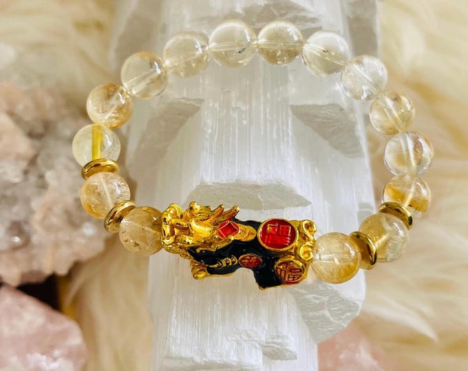 Authentic Citrine Piyao | 10mm Natural High Quality Beaded Bracelet with Gold-Plated Pixiu | Luxury Feng Shui Wealth, Protection Jewelry