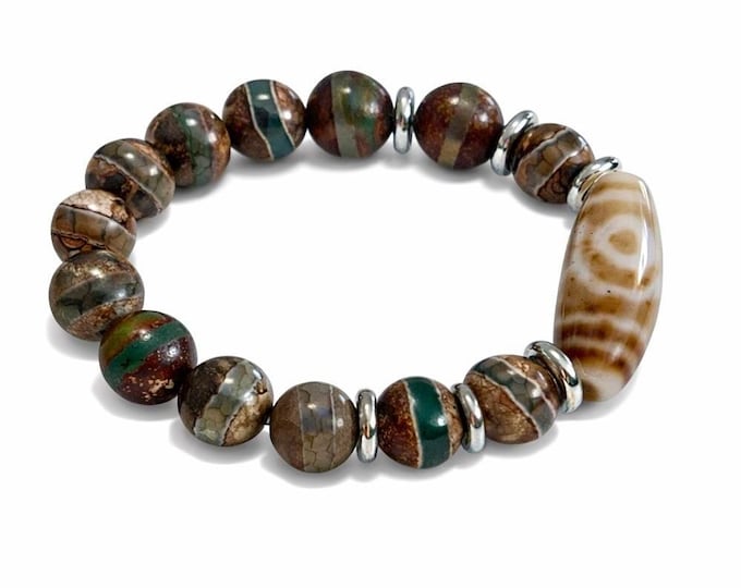 Mystical Tibetan Dzi Agate Amulet Bracelet 10mm | Stainless Steel Accents | Unisex Talisman for Protection, Luck & Sacred Energy