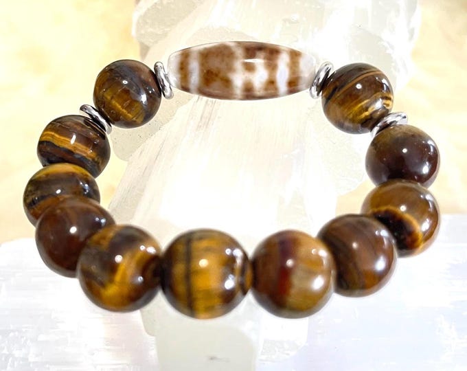 Mystical Tibetan Dzi Agate Amulet Bracelet Tiger Eye 14mm | Stainless Steel Accents | Unisex Talisman for Protection, Luck & Sacred Energy