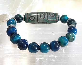 Luxury 9 Eye Dzi Agate Amulet Bracelet with Blue Tiger Eye Gemstones | Powerful Protection, Prosperity, Luck & Spiritual Energy Jewelry