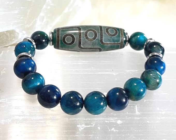 Luxury 9 Eye Dzi Agate Amulet Bracelet with Blue Tiger Eye Gemstones | Powerful Protection, Prosperity, Luck & Spiritual Energy Jewelry