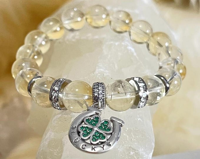 Citrine Abundance Bracelet 10mm, 925 Silver Horseshoe & 4 Leaf Clover Lucky Charm, Prosperity Crystal Jewelry