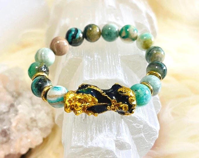 Phoenix Stone Piyao | 10mm Natural High Quality Beaded Bracelet with Gold-Plated Pixiu | Luxury Feng Shui Wealth, Protection Jewelry