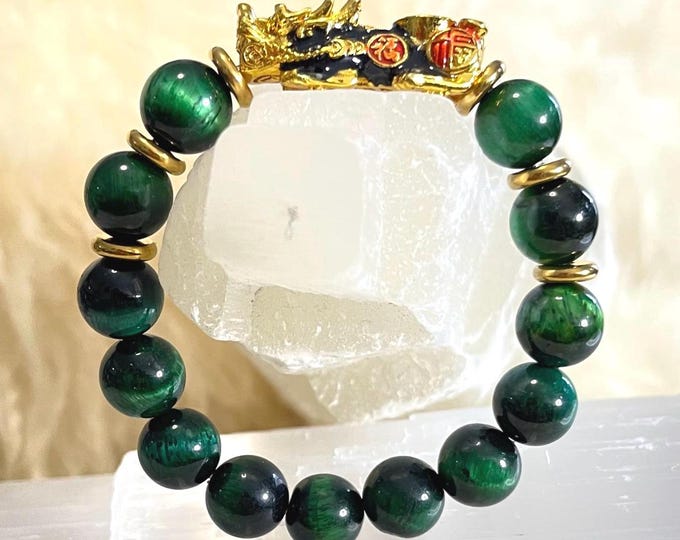 Green Tiger Eye Pixiu Bracelet | 10mm Natural Amazonite Beaded Bracelet with Gold-Plated Pixiu | Luxury Feng Shui Wealth & Harmony Jewelry