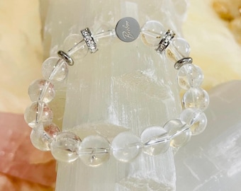 Clear Quartz Crystal Bracelet, Rhinestone Spacer, Stainless Steel Beads