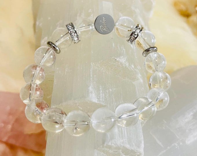 Clear Quartz Crystal Bracelet, Rhinestone Spacer, Stainless Steel Beads