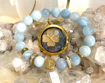 Aquarius Zodiac Aquamarine Jewelry Set, Gold Plated Necklace, Rhinestone Bracelet
