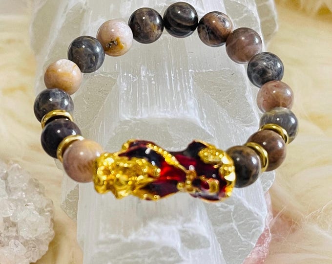 Sunstone Dragon Pixiu Bracelet, 10mm Beads, Feng Shui Wealth & Protection, Prosperity Lucky Charm Unisex