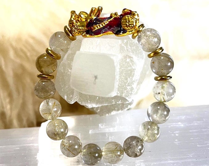 Rutilated Quartz Piyao | 10mm Natural High Quality Beaded Bracelet with Gold-Plated Pixiu | Luxury Feng Shui Wealth, Protection Jewelry