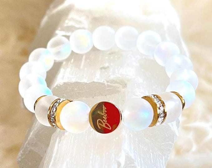 Luminous Moonstone Bracelet, Gold-Filled Rhinestone Accents, Elegant Gift