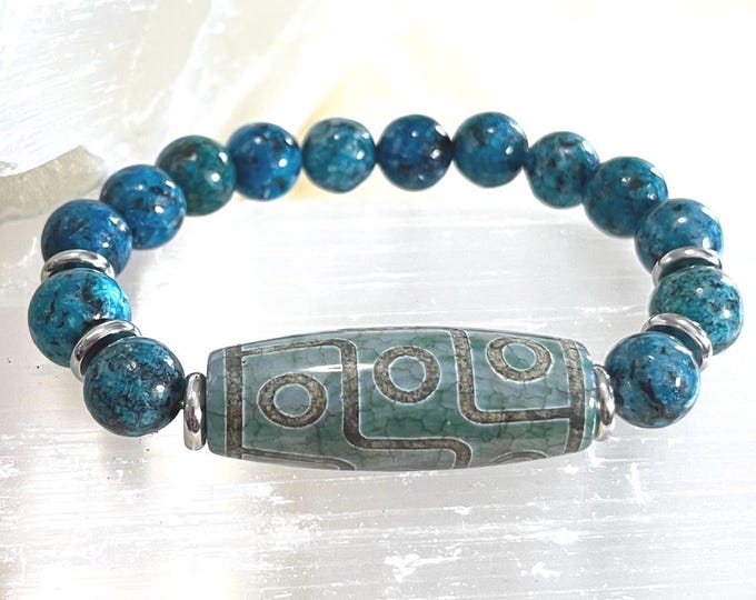 Luxury 9 Eye Dzi Agate Amulet Bracelet with Blue Jasper Gemstones | Powerful Protection, Prosperity, Luck & Spiritual Energy Jewelry