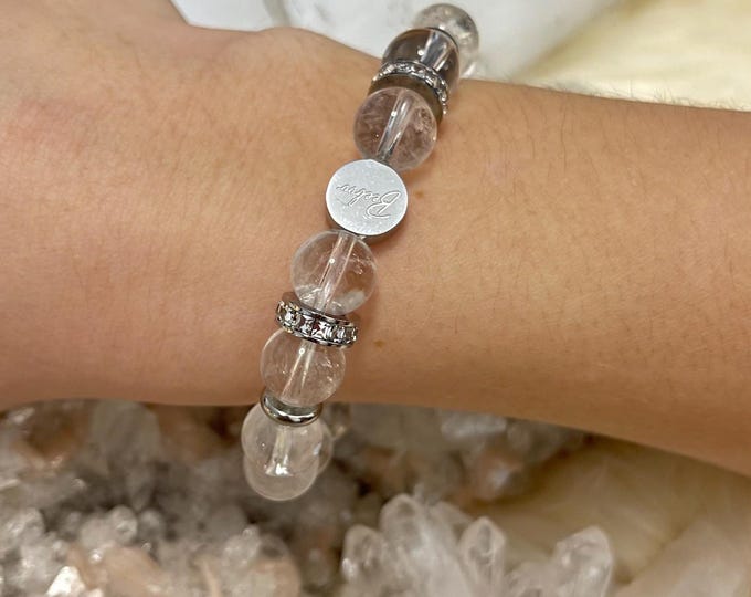 Clear Quartz with Rhinestone Bracelet | Crystal Quartz | Cloud Dancer Collection | (Elastic Cord) + Elegant Gift Box