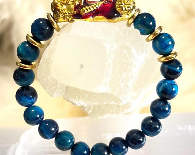 Blue Tiger's Eye Piyao | 8mm Natural High Quality Beaded Bracelet with Gold-Plated Pixiu | Luxury Feng Shui Wealth, Protection, Prosperity