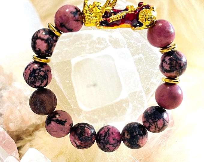 Rhodonite Dragon Pixiu Bracelet, 12mm Beads, Feng Shui Wealth & Protection, Prosperity Lucky Charm Unisex Jewellery