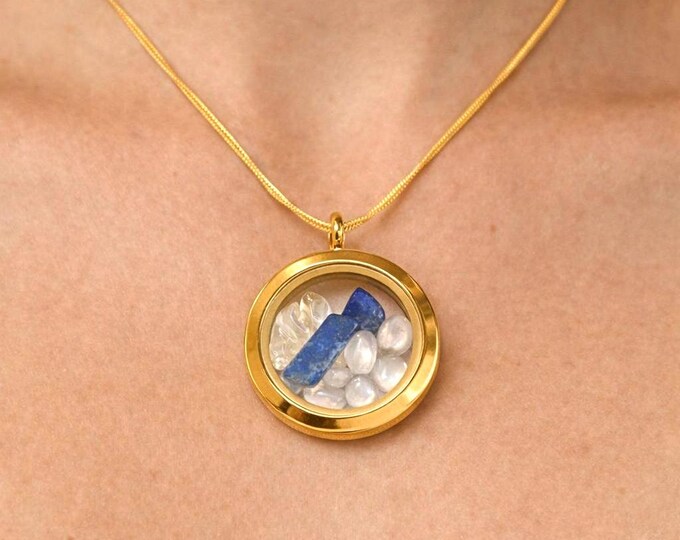 18K Gold Filled Floating Crystal Necklace | Lapis Lazuli, Angel Aura & Citrine | Unique, Modern and Minimalist Design Jewelry