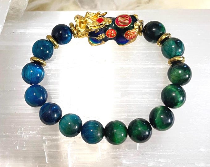 Blue and Green Tiger Eye with Color Changing Pixiu Bracelet Luxury, Protection & Prosperity  Powerful Talisman, Feng Shui Charm Jewellery